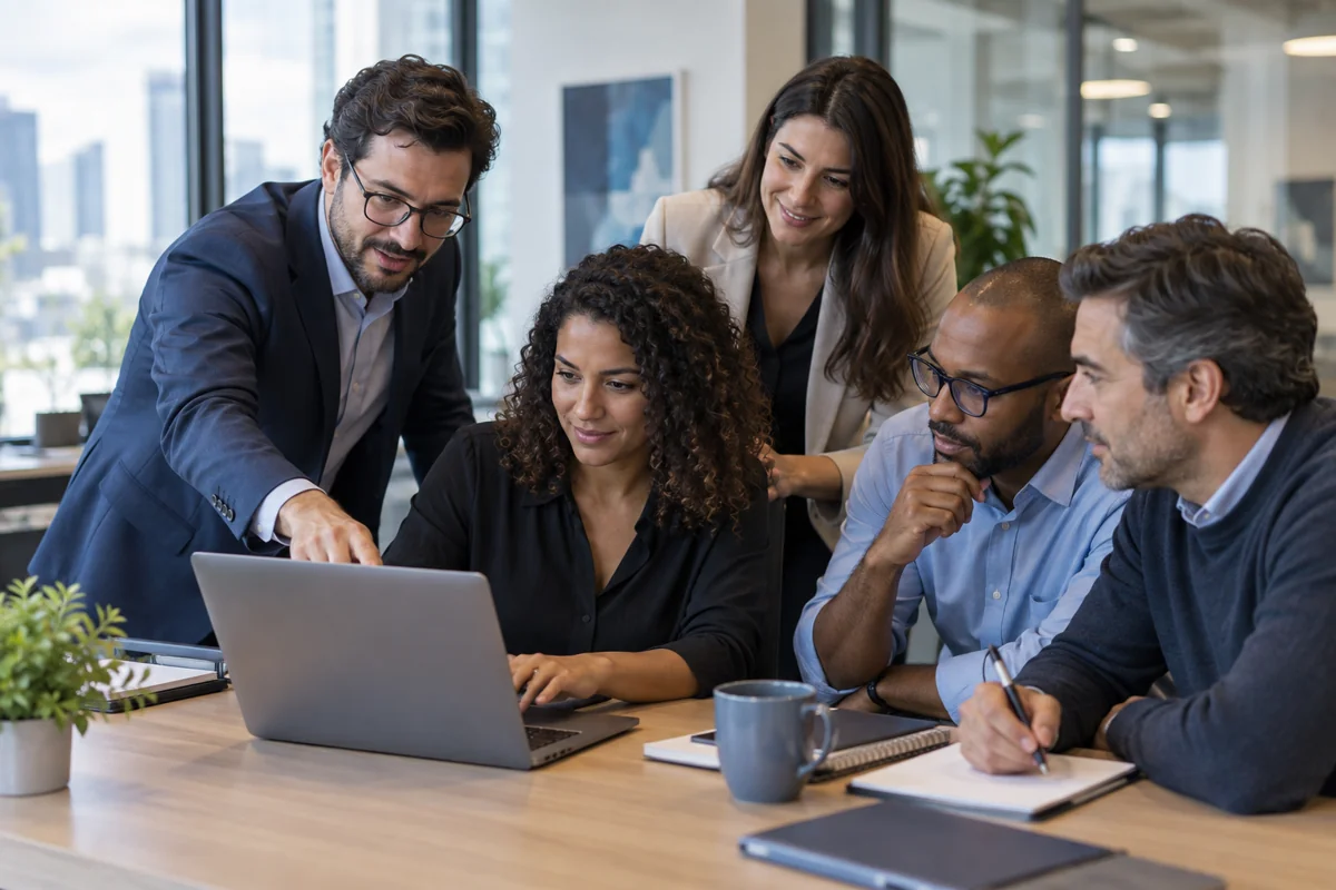 Consultores orientando uma equipe durante uma atividade prática com um notebook.