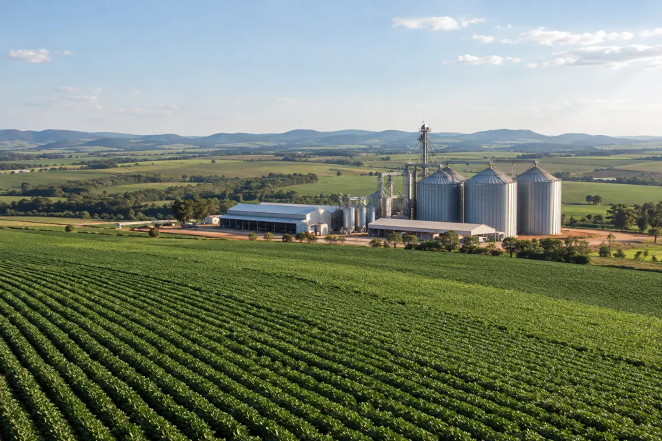 Lavouras e silos em uma operação agrícola de grande porte.