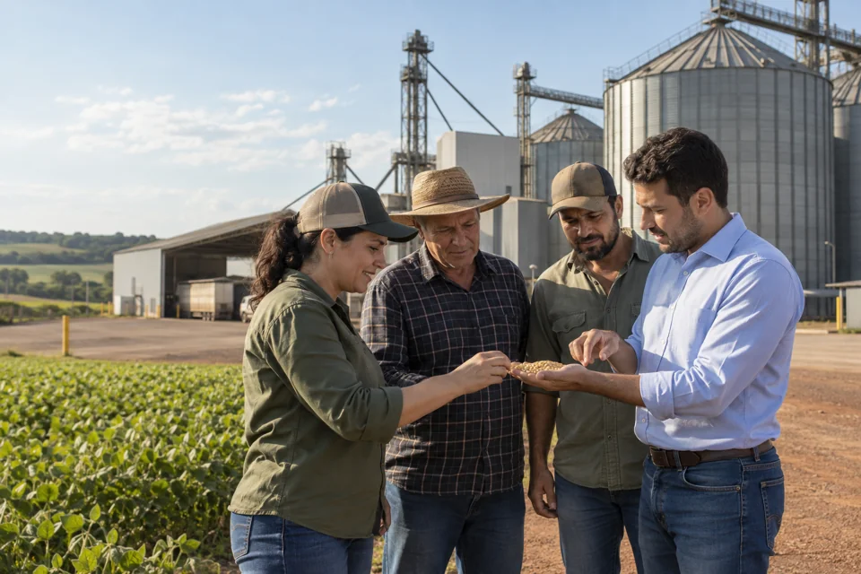 Produtores e agrônomo de uma cooperativa agropecuária avaliando grãos diante de silos e lavouras.