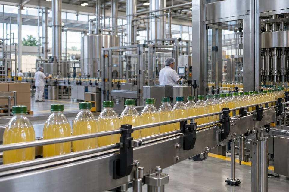 Linha industrial de produção e envase de bens de consumo.